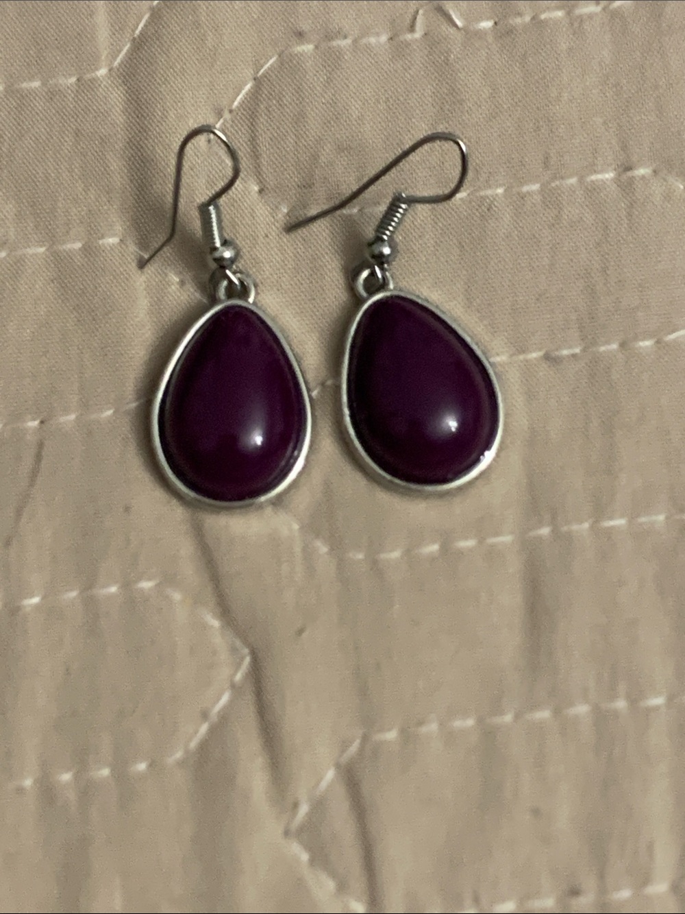 Purple Teardrop Dangle Earrings with Silver-Tone Frame